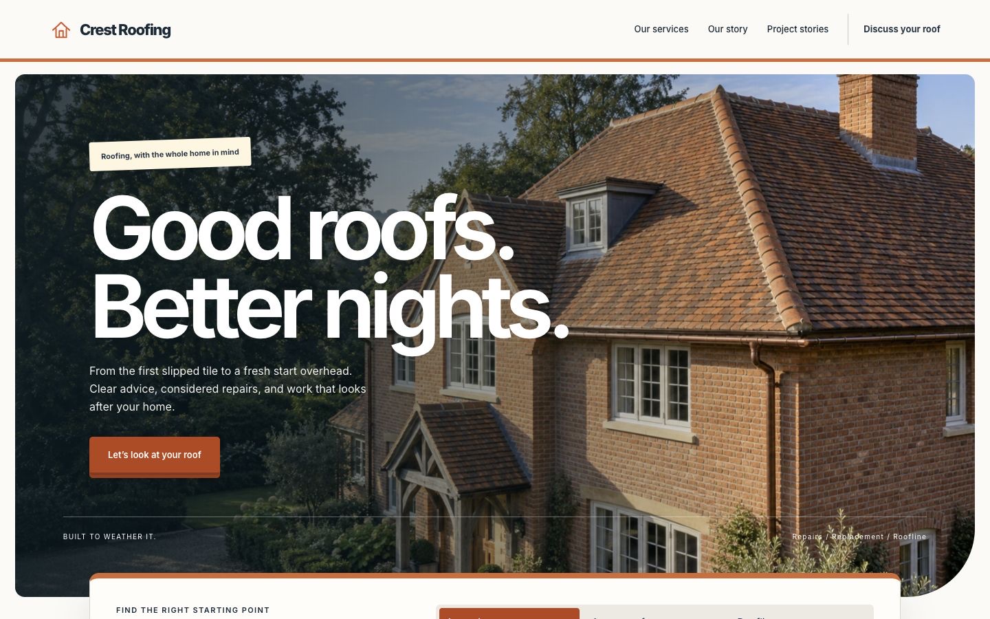 Crest Roofing website built with Kruft